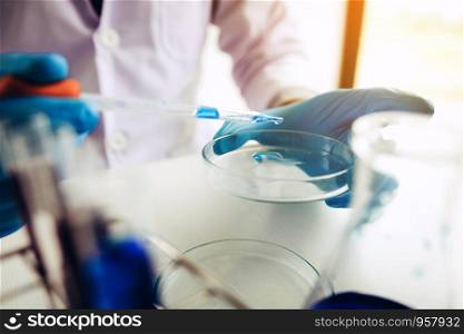 Lab technician examining doing compounds with using dropper taking a sample on a petri dish in laboratory.