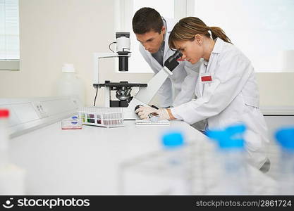 Lab Technicians Using Microscope
