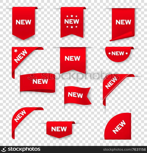 Label banners for web page, NEW tag badges, vector icons. Red sticker signs, corner label banners and ribbons for product promotion sale, new arrival in store and online shop special price offers. Labels, banners for web page, NEW tags, red badges