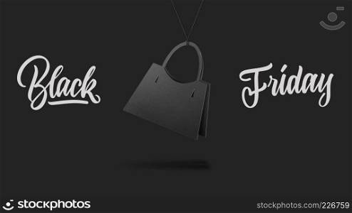 label in shape womens handbag on high hill made of cardboard on a gray background.a Calligraphic text black Friday and sales luxury premium style concept. sale concept handmae cardboard style handbag
