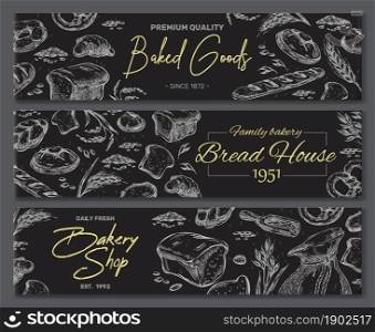 Label with the inscription premium quality, family bakery vector illustration on a black background. Baner drawn sketch of bread and buns. Stylish logo for bakery and bread shop, sketch.. Premium quality inscription label, family bakery