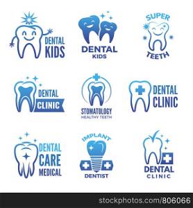 Labels and logos set of dental theme and illustrations of healthy teeth. Dentistry logo, stomatology and healthcare emblem vector. Labels and logos set of dental theme and illustrations of healthy teeth