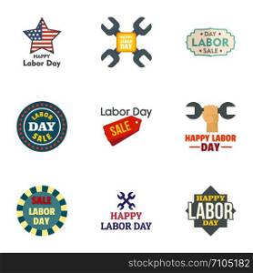 Labor day logo set. Flat set of 9 labor day vector logo for web design. Labor day logo set, flat style