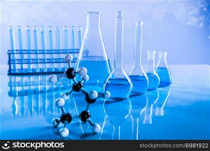Laboratory beakers,Science experiment, blue background