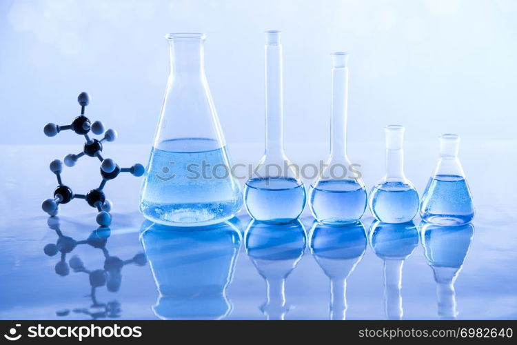 Laboratory beakers,Science experiment, blue background