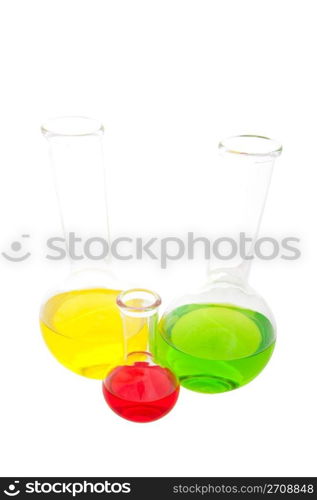 Laboratory glass containing various fluids from a wide angle perspective. Shot on white background.