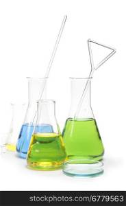 Laboratory glassware equipment. Laboratory beakers filled with colored liquid substances
