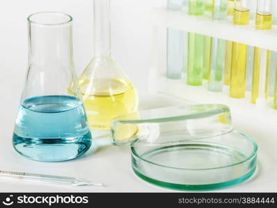 Laboratory glassware with colored solutions