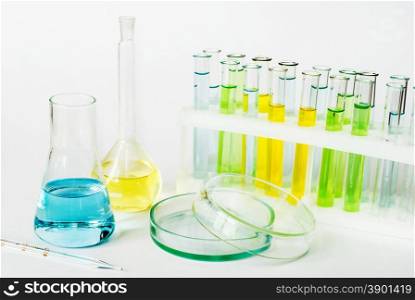 Laboratory glassware with colored solutions