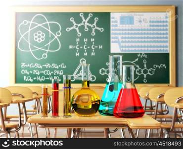 Laboratory glassware with formula on blackdesk in the school chemistry lab. 3d illustration
