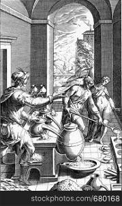 Laboratory of chemistry in antiquity, vintage engraved illustration. From the Universe and Humanity, 1910.
