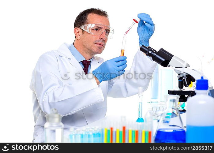 laboratory scientist working at lab with test tubes and microscope