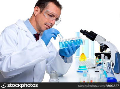 laboratory scientist working at lab with test tubes and microscope