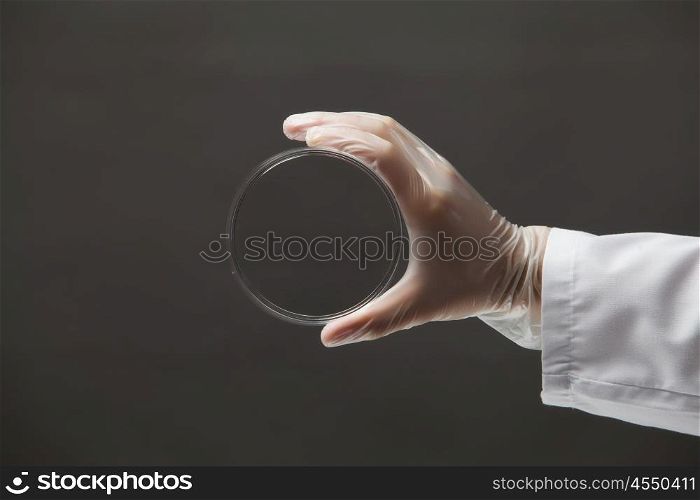 Laboratory test. Close up image of scientist hands holding testing tube