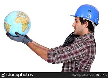 Laborer holding a globe