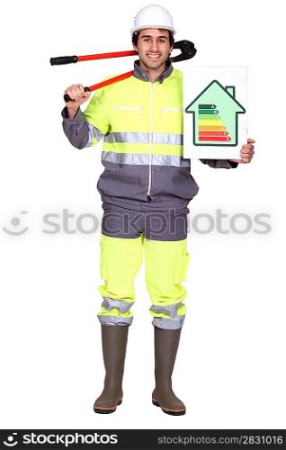 Laborer holding energy rating sign