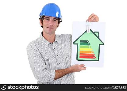 Laborer showing energy rating sign