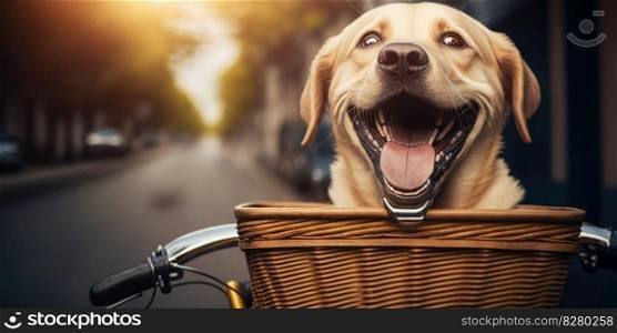 Labrador Retriever dog have fun bicycle ride on sunshine day morning in summer on town street