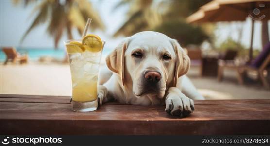 Labrador Retriever dog is on summer vacation at seaside resort and relaxing rest on summer beach of Hawaii