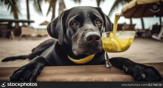 Labrador Retriever dog is on summer vacation at seaside resort and relaxing rest on summer beach of Hawaii
