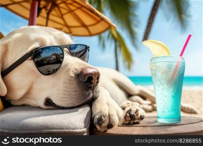 labrador retriever dog is on summer vacation at seaside resort and relaxing rest on summer beach of Hawaii