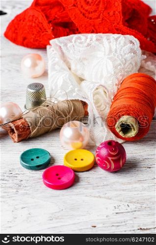 Lace,beads and thread working tools for craft and skill