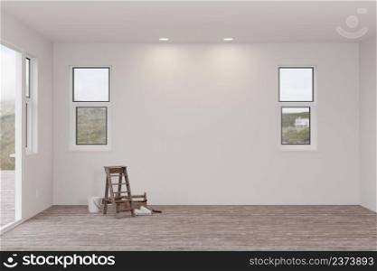 Ladder and Painting Equipment In Raw Unfinished Room of House with Blank White Walls and Worn Wood Floors.