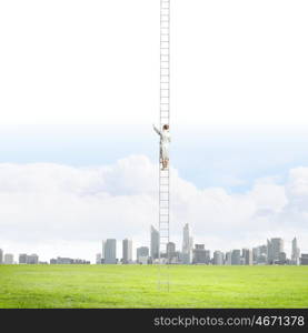 Ladder of success. Businesswoman standing on ladder high above city