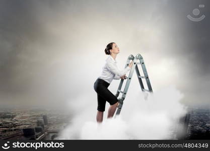 Ladder of success. Image of young ambitious businesswoman climbing ladder. Promotion concept