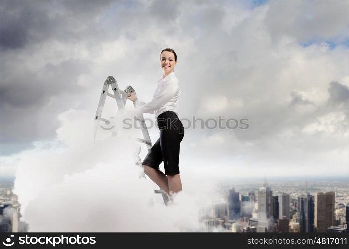 Ladder of success. Image of young ambitious businesswoman climbing ladder. Promotion concept