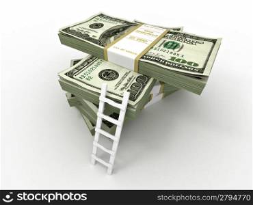 Ladder on stack from dollars pack. 3d