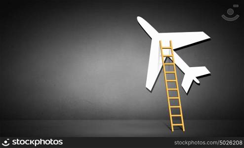 Ladder to airplane. Aircraft boarding bridge concept on blue background
