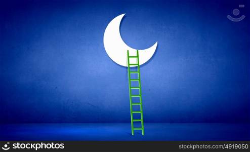 Ladder to moon. Conceptual image with ladder to moon on blue background