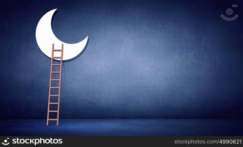 Ladder to moon. Conceptual image with ladder to moon on blue background