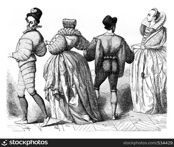 Ladies and Gentlemen of about 1584, vintage engraved illustration. Magasin Pittoresque 1855.