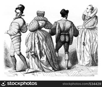 Ladies and Gentlemen of about 1584, vintage engraved illustration. Magasin Pittoresque 1855.