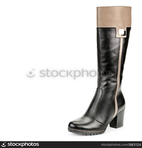 Ladies boot isolated on white background. Comfortable modern shoes. Free space for text.