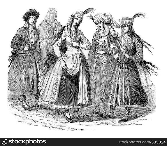 Ladies Persian costumes in 1666, vintage engraved illustration. Magasin Pittoresque 1857.