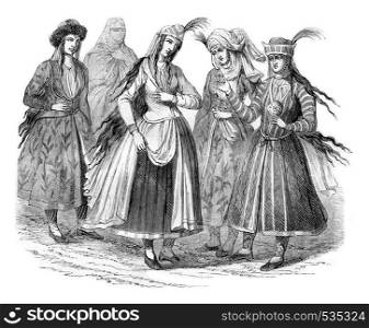 Ladies Persian costumes in 1666, vintage engraved illustration. Magasin Pittoresque 1857.