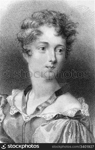Lady Caroline Lamb (1785-1828) on engraving from 1833. British aristocrat and novelist, best known for her affair with Lord Byron in 1812. Engraved by W.Finden and published by J.Murray.