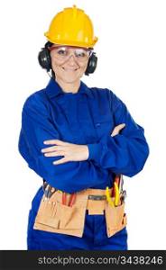 Lady construction worker a over white background with notepad