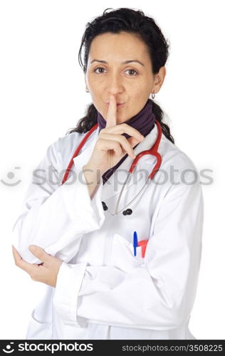 lady doctor commanding silence a over white background