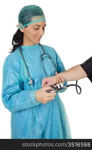 Lady Doctor examining to a patient a over white background