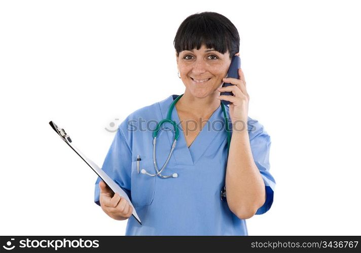 Lady doctor speaking by telephone on a over white background