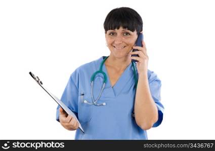Lady doctor speaking by telephone on a over white background