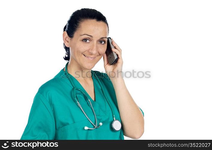 lady doctor speaking on the telephone over a white background