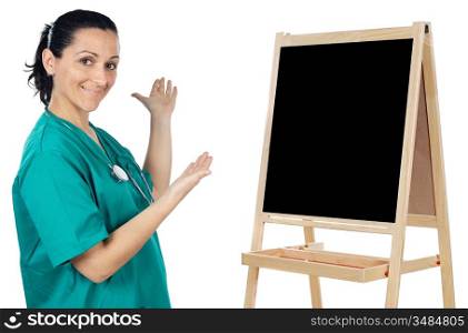 lady doctor whit slate - write your text - over a white background
