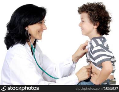 Lady doctor with a child a over white background