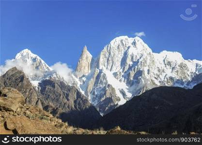 Lady finger and Hunza peak mountains with snow capped. Karakoram range. Hunza valley, Gilgit Baltistan, Pakistan.