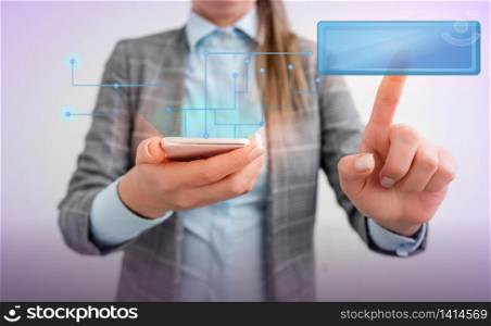 Lady front presenting hand blue glow futuristic modern technology tech look. Businesswoman with finger touching text box holding digital tablet whilst standing. Lady front presenting hand blue glow copy space text icons futuristic modern technology tech look. Copy space